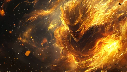 Fiery warrior surging forward in a storm of golden flames.