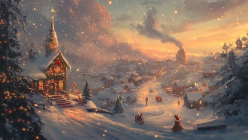 Snowy Christmas village street under warm sunset glow.