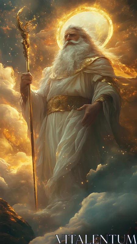 Radiant sky guardian walking through glowing golden clouds.