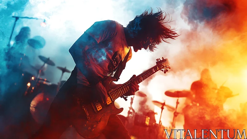 Backlit rock guitarist captured in dynamic stage silhouette lighting