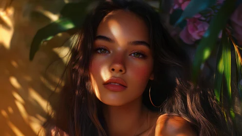 Sun-kissed muse beneath jungle light and whispering petals.