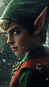 Enigmatic Christmas elf glances back through drifting snow.