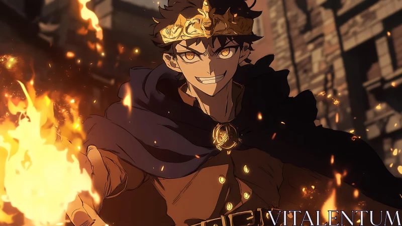 Fiery anime mage in dark cloak casting powerful flames.