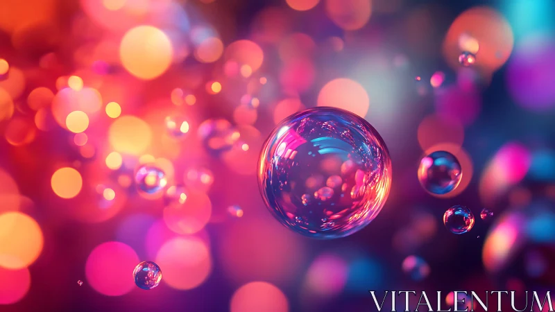 Vibrant glassy bubbles against neon bokeh glow background.