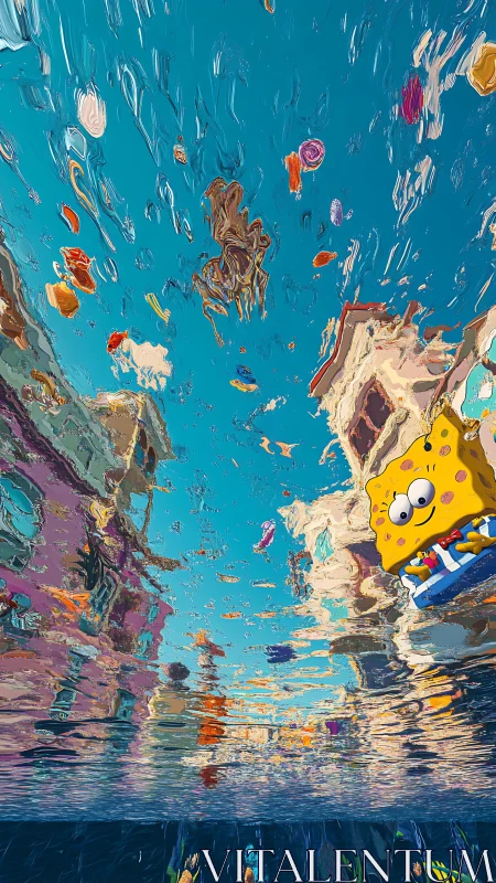 Surreal underwater city warps around a playful cartoon float