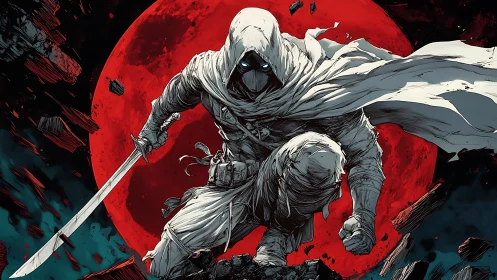 Hooded moonlit swordsman crouches against red lunar backdrop