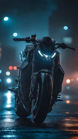Hydrophobic sportbike in nocturnal bokeh-lit urban rainfall.