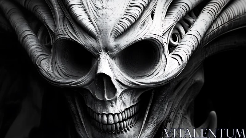 Monochrome biomechanical skull portrait with sculpted ridges.