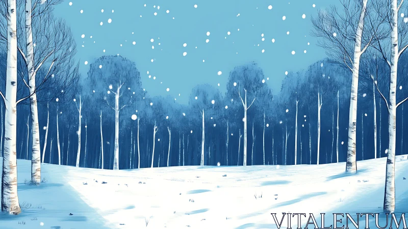 Snowfall over birch forest in cool monochrome illustration.