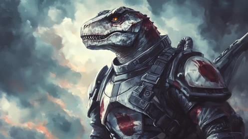 Digital painting of armored dinosaur warrior under storm clouds.