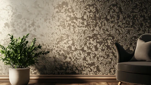 Textured damask wall with potted foliage and curved chair.