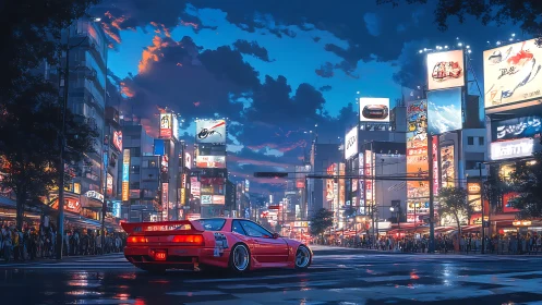 Red sports car stops at illuminated urban intersection at dusk