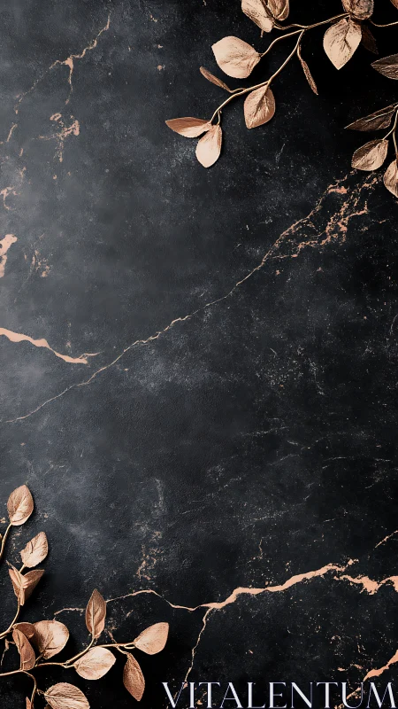 Rose gold leaves rest on dark marble crackled surface.