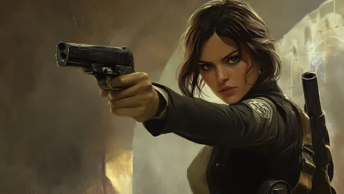 Digital painting of armed female agent in tense frontal aim.