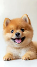 Fluffy Pomeranian puppy smiles brightly against soft background.
