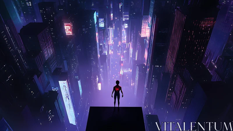 Cyberpunk city descent with silhouetted hero in neon abyss.