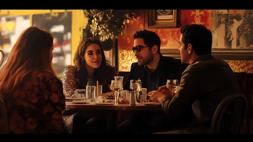 Warm bistro interior shows four friends engaged in intimate talk