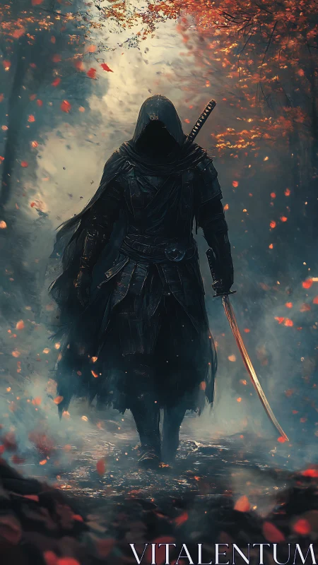 Hooded swordsman strides through burning autumn forest.