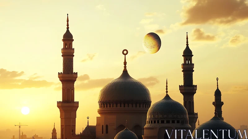 Golden dusk embraces a serene domed city skyline