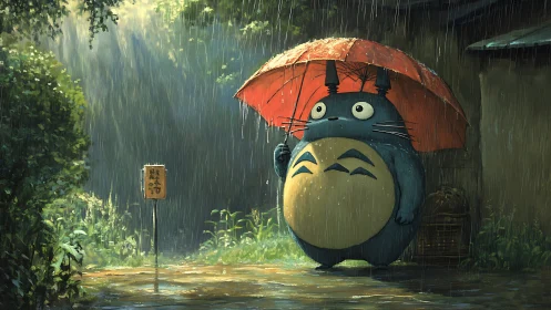Large forest creature holding umbrella in heavy rain scene.