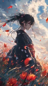 Atmospheric anime portrait in dynamic floral field lighting.