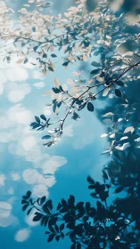 Branches and reflections drift across tranquil blue water.