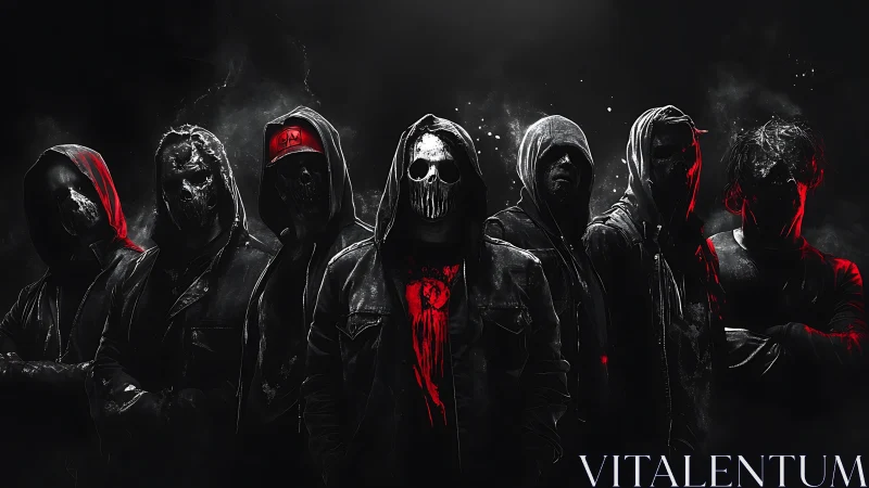 Hooded masked collective in red-accented monochrome haze.