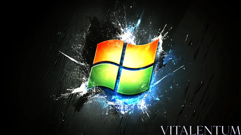 Windows logo bursts from dark surface with neon energy.