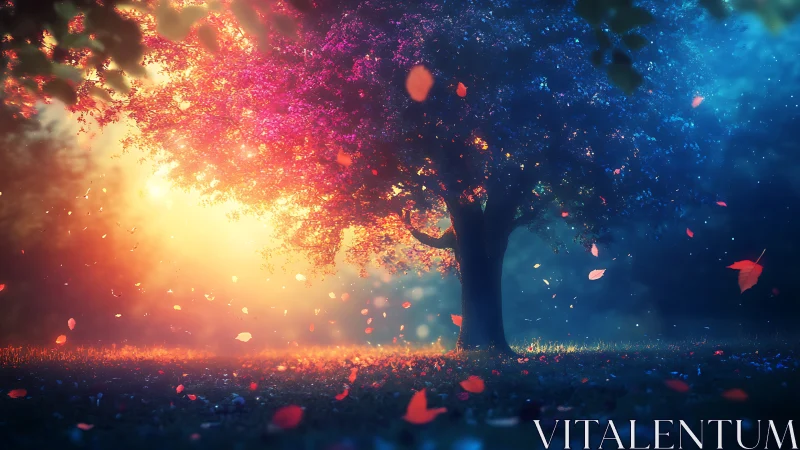 Luminous twilight tree divides warm dusk and cool night