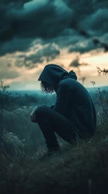 Hooded figure crouched in moody field under storm clouds.