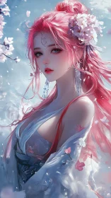 Pink haired fantasy woman in blossoms and flowing robe.