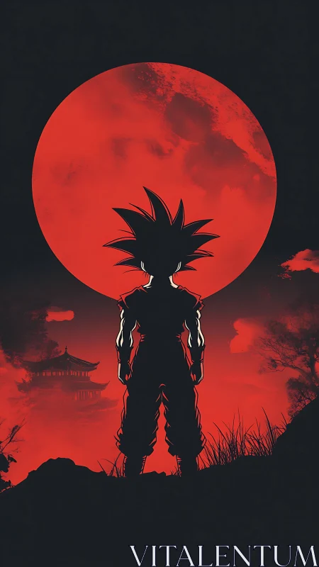 Silhouetted warrior figure before large red lunar backdrop.