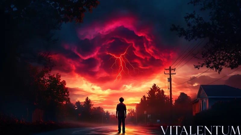 Storm-lit twilight street with curious child beneath thundercloud.