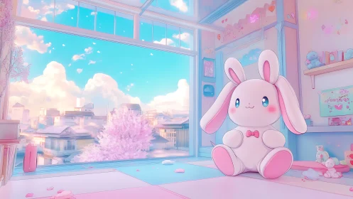 Pastel bunny plush in sunlit anime bedroom overlooking city