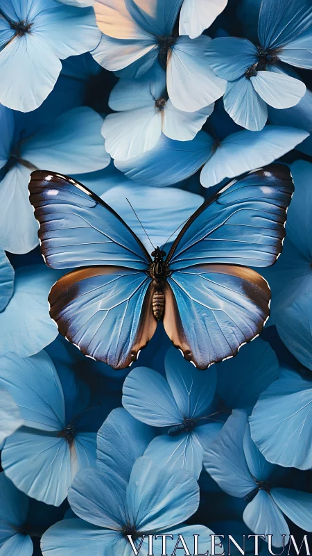 Blue butterfly resting gently among soft dreamlike petals.