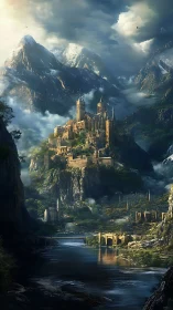Golden cliffside castle rises over misty river valley