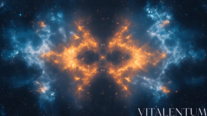 Symmetrical nebula collision in luminous deep-space digital painting.