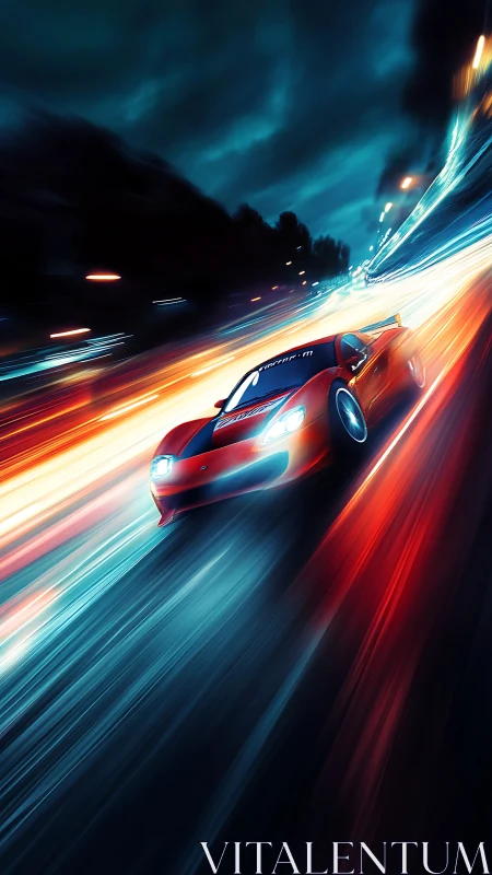 Red sports car racing through neon city highway at night.