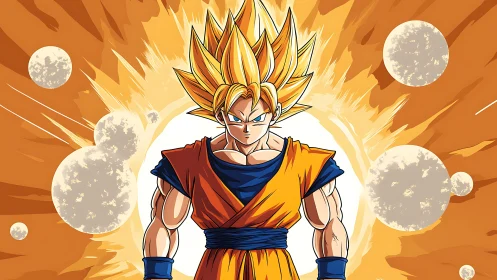 Anime warrior in orange gi amid explosive golden aura.