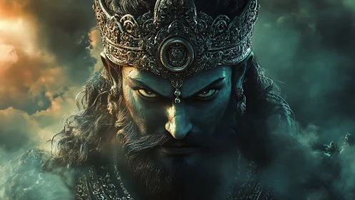 Dark fantasy king with ornate crown and piercing gaze.