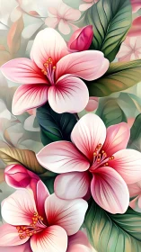 Gradient Hibiscus Blooms with Organically Rendered Green Foliage.