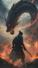 Samurai warrior facing fiery black dragon in battle