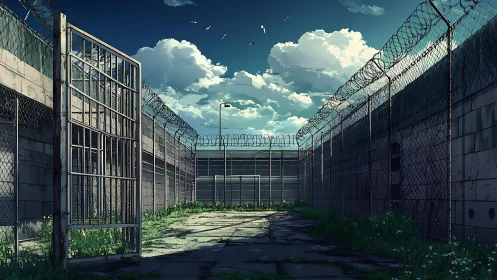 Open prison yard under vast clouds and rusted fences.