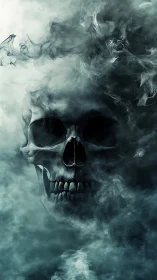 Haunting skull silhouette rising from swirling silver smoke.