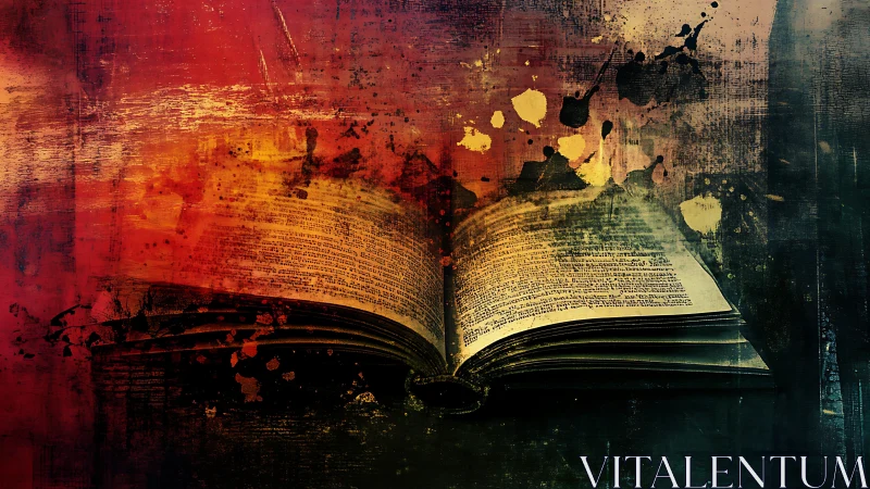 Ancient open book glows amid fiery abstract splashes.