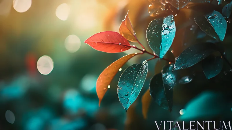 Rain-kissed red leaf glows against teal foliage bokeh
