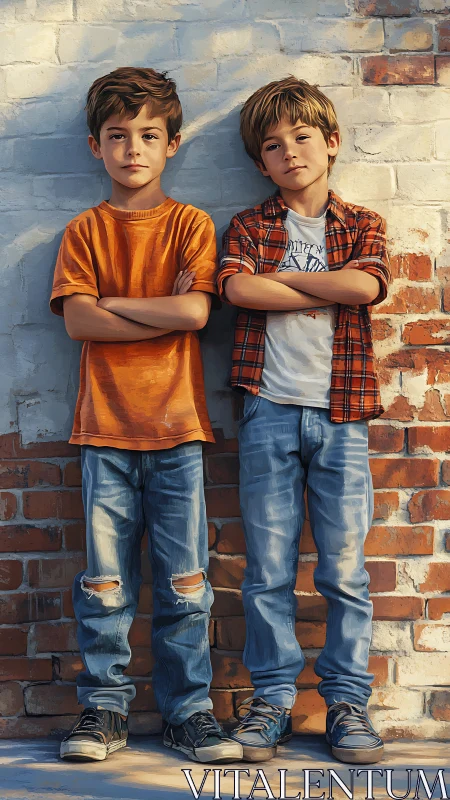 Two Young Rebels Strike Bold Poses Against Weathered Brick Wall
