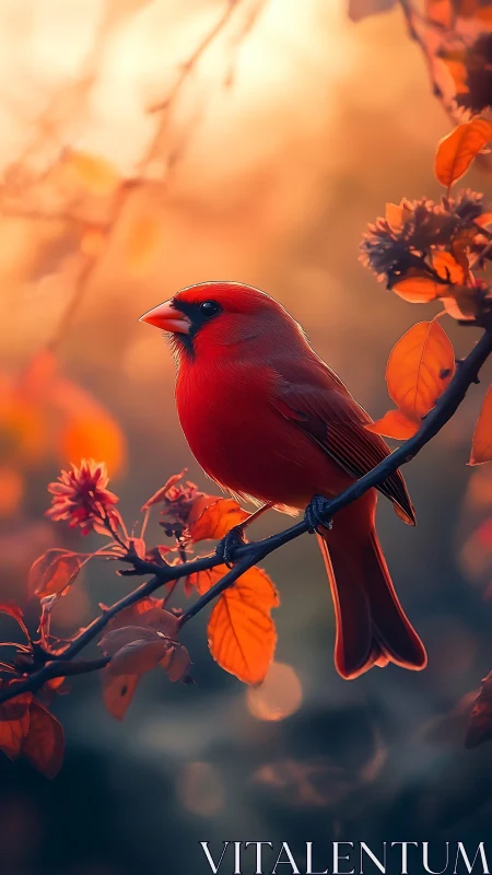 Red cardinal on branch amid orange foliage at dusk.