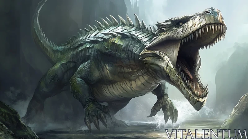 Primeval river behemoth roars through mist-shrouded canyon.