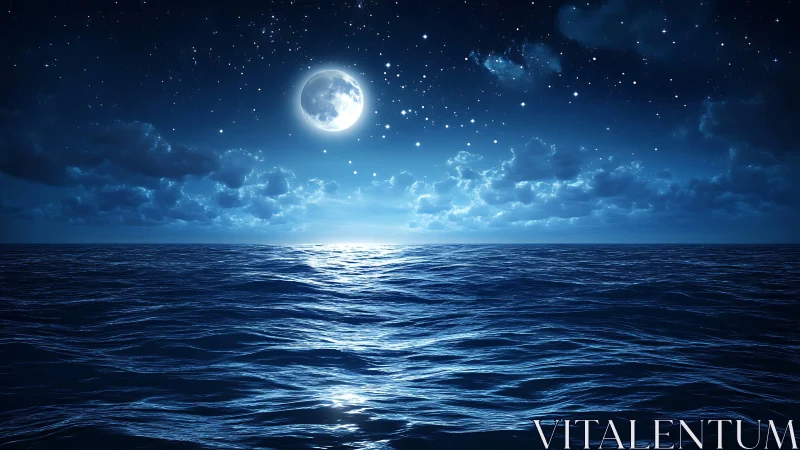 Moonlit ocean horizon under a clear, star-filled night sky.